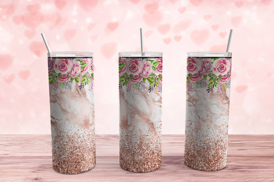 Pink Marble Glitter Roses Tumbler Sublimation Tumbler, Ready to Press Sublimation Transfer, 20 oz. Skinny Tumbler