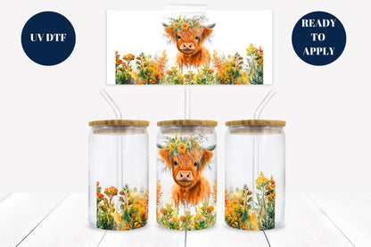 Highland Cow in Flowers 16 oz. Libbey Tumbler Wrap – UV DTF transfer