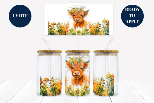 Highland Cow in Flowers 16 oz. Libbey Tumbler Wrap – UV DTF transfer