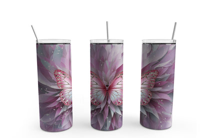 Purple Butterfly and Feathers Sublimation Tumbler, Ready to Press Sublimation Transfer, 20 oz. Skinny Tumbler