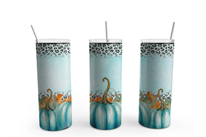 Teal Pumpkin Leopard Sublimation Tumbler, Ready to Press Sublimation Transfer, 20 oz. Skinny Tumbler