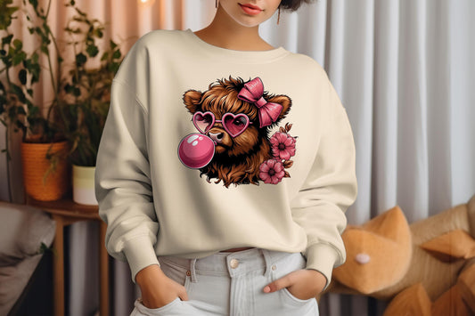 Highland Cow Pink Bubble Gum Bow and Flowers Sublimation Transfer