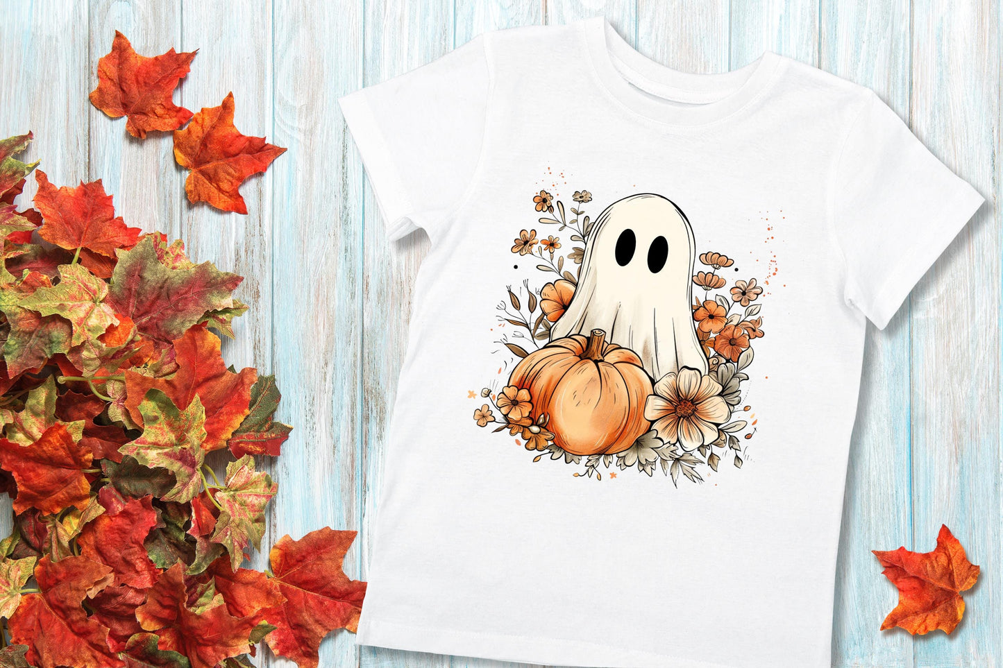 Watercolor Ghost Pumpkin Foliage Autumn Fall DTF Full Colour transfers