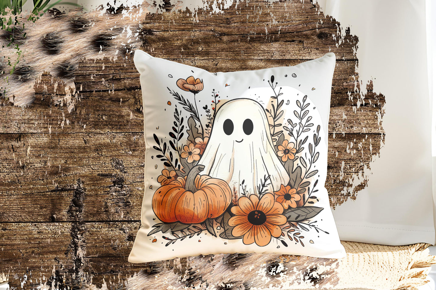 Watercolor Ghost Pumpkin Foliage A\#2 Autumn Fall DTF Full Colour transfers