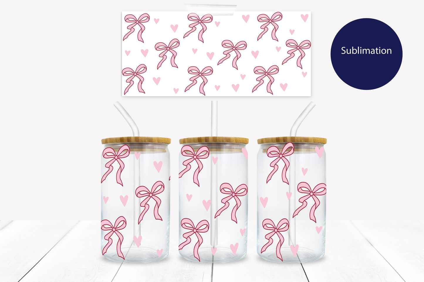 Coquette Pink Ribbon Bows- 16 oz. Libbey Tumbler Wrap - Sublimation Wrap- Ready to Press Sublimation