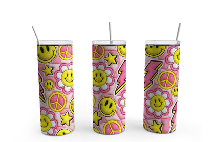 3D Inflated Retro Smile Peace Flower 20 oz Tumbler Sublimation Transfer Wrap