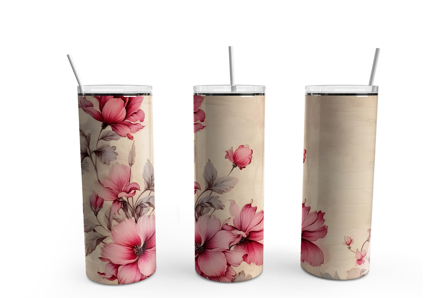 Pink Flowers Print Sublimation Tumbler, Ready to Press Sublimation Transfer, 20 oz. Skinny Tumbler