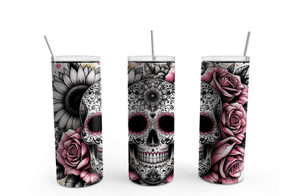 Sugar Skull Pink Rose Sublimation Tumbler, Ready to Press Sublimation Transfer, 20 oz. Skinny Tumbler