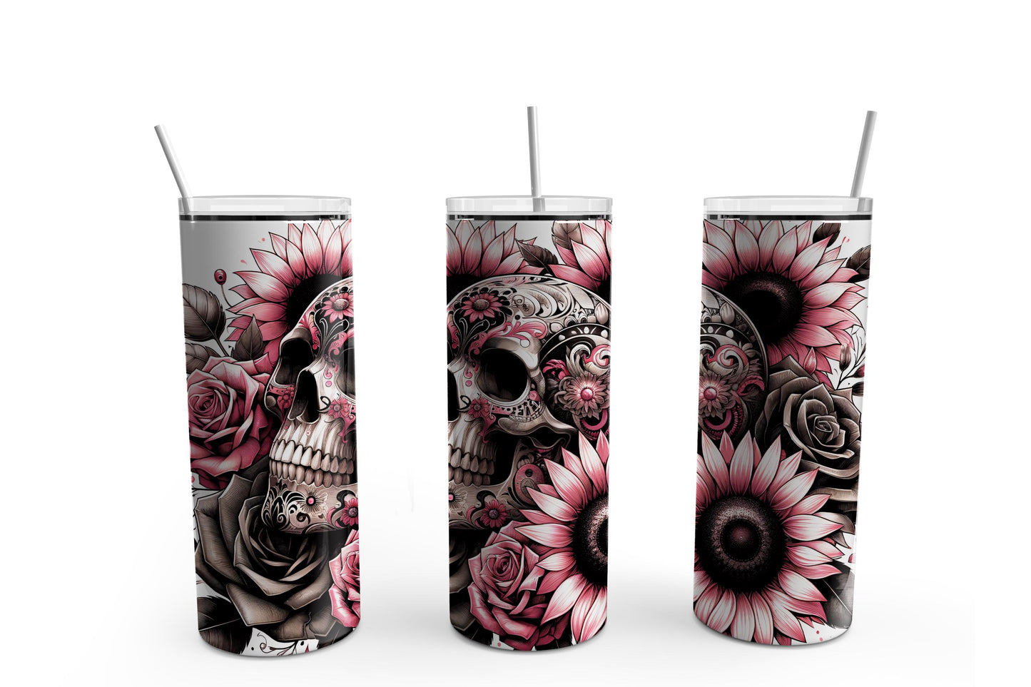 Sugar Skull Sunflower Sublimation Tumbler, Ready to Press Sublimation Transfer, 20 oz. Skinny Tumbler