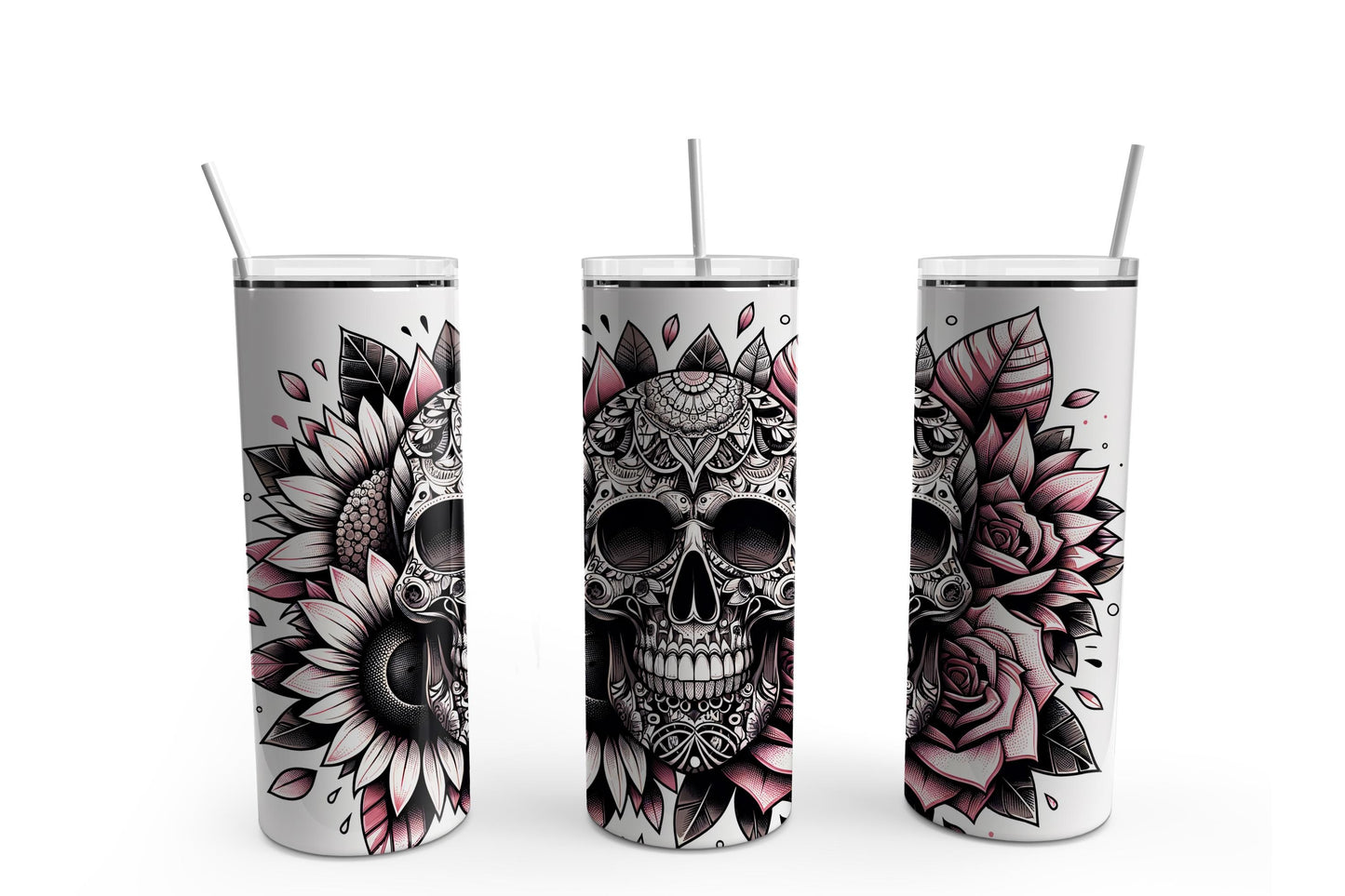 Sugar Skull Pink Sunflower Sublimation Tumbler, Ready to Press Sublimation Transfer, 20 oz. Skinny Tumbler