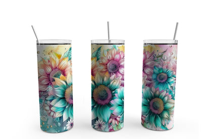 Watercolour Sunflower Sublimation Tumbler, Ready to Press Sublimation Transfer, 20 oz. Skinny Tumbler