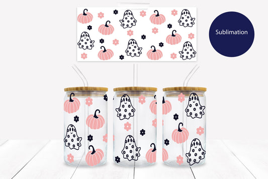 Ghosts & Pink Pumpkins  16 oz. Libbey Tumbler Wrap - Sublimation Wrap- Ready to Press Sublimation