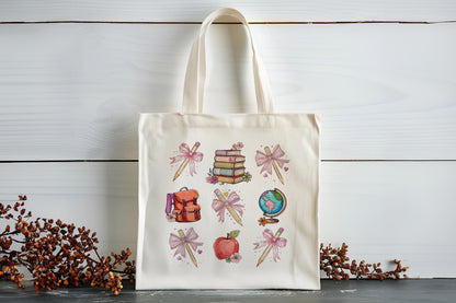 Teacher Coquette Bow and Books Sublimation Transfer Teacher Tote