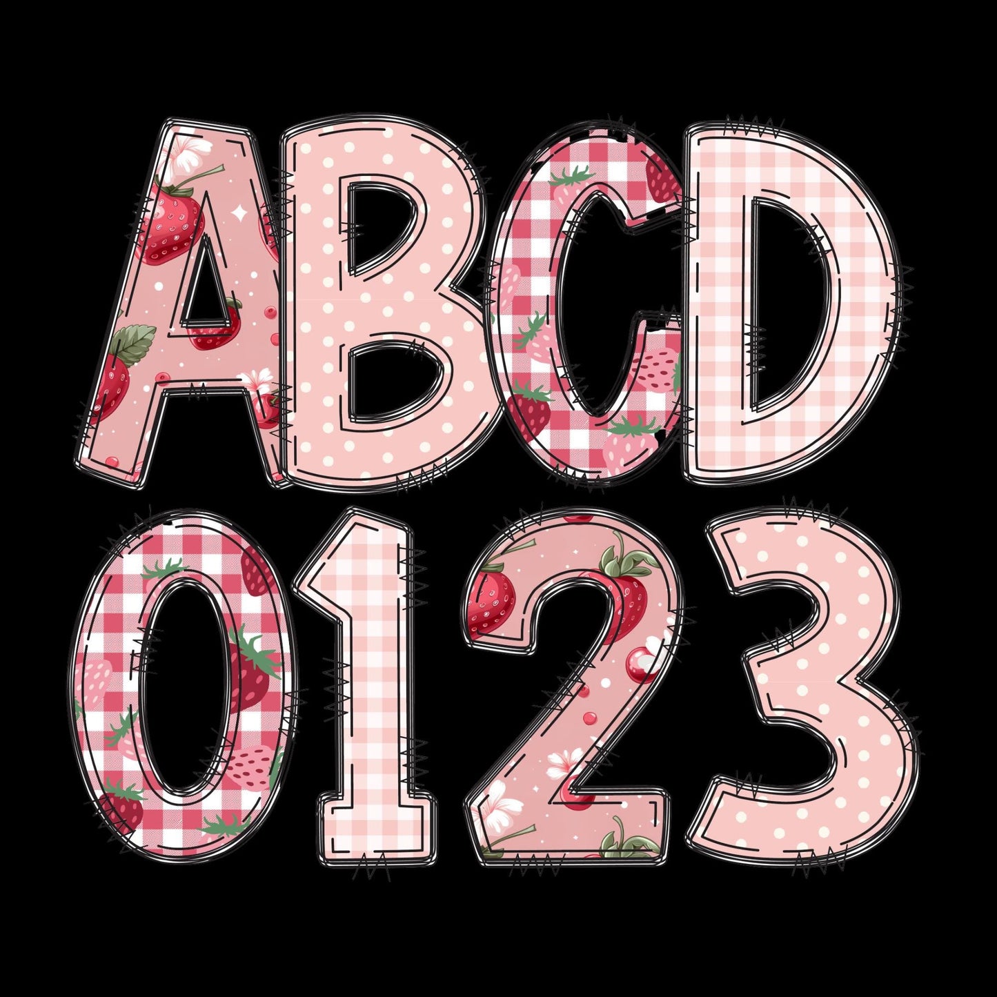 Strawberry Coquette Doodle Alphabet - A to Z upper case,  a-z lower case 0-9, PNG, files. 4 pattern