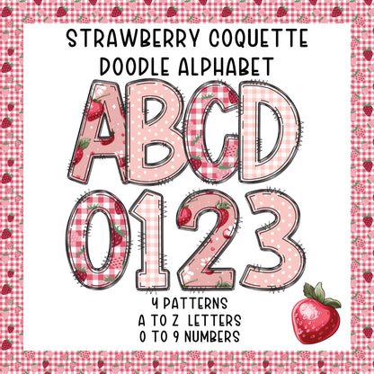 Strawberry Coquette Doodle Alphabet - A to Z upper case,  a-z lower case 0-9, PNG, files. 4 pattern