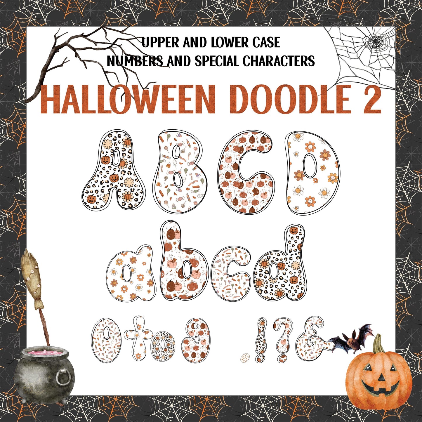 Halloween Doodle #2 Patterns Alphabet - A to Z, 0-9, and special Characters PNG files, 4 patterns