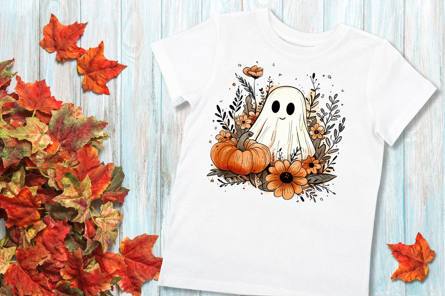 Watercolor Ghost Pumpkin Foliage A\#2 Autumn Fall DTF Full Colour transfers