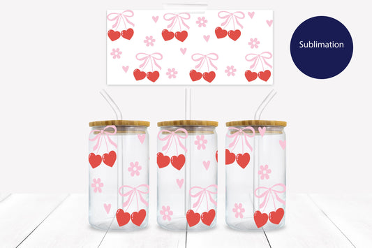 Coquette Pink Ribbon Bows & Cherries 16 oz. Libbey Tumbler Wrap - Sublimation Wrap- Ready to Press Sublimation