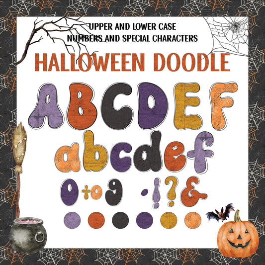 Halloween Doodle Alphabet - A to Z, 0-9, and special Characters PNG files, 7 colors