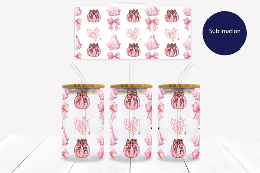 Pink Ghost and Pumpkin Coquette Halloween 16 oz. Libbey Tumbler Wrap - Sublimation Wrap- Ready to Press Sublimation