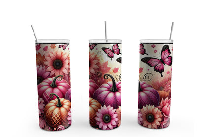 Pink Pumpkin Butterfly Tumbler Sublimation Tumbler, Ready to Press Sublimation Transfer, 20 oz. Skinny Tumbler