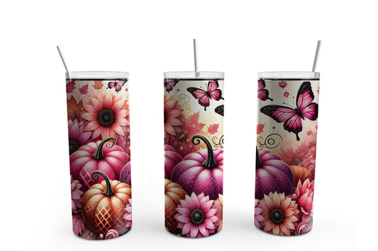 Pink Pumpkin Butterfly Tumbler Sublimation Tumbler, Ready to Press Sublimation Transfer, 20 oz. Skinny Tumbler