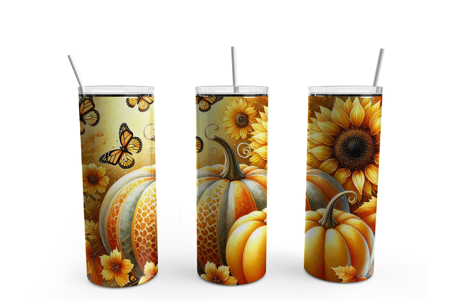 Yellow Gold Pumpkin Butterfly Tumbler Sublimation Tumbler, Ready to Press Sublimation Transfer, 20 oz. Skinny Tumbler