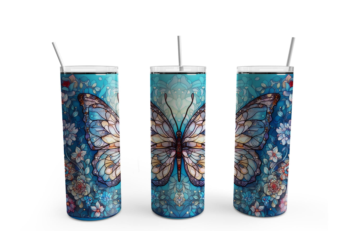 Stain Glass Butterfly Blue Tumbler Sublimation Tumbler, Ready to Press Sublimation Transfer, 20 oz. Skinny Tumbler