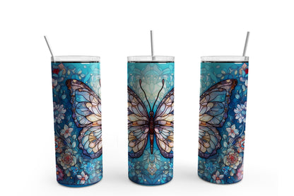 Stain Glass Butterfly Blue Tumbler Sublimation Tumbler, Ready to Press Sublimation Transfer, 20 oz. Skinny Tumbler