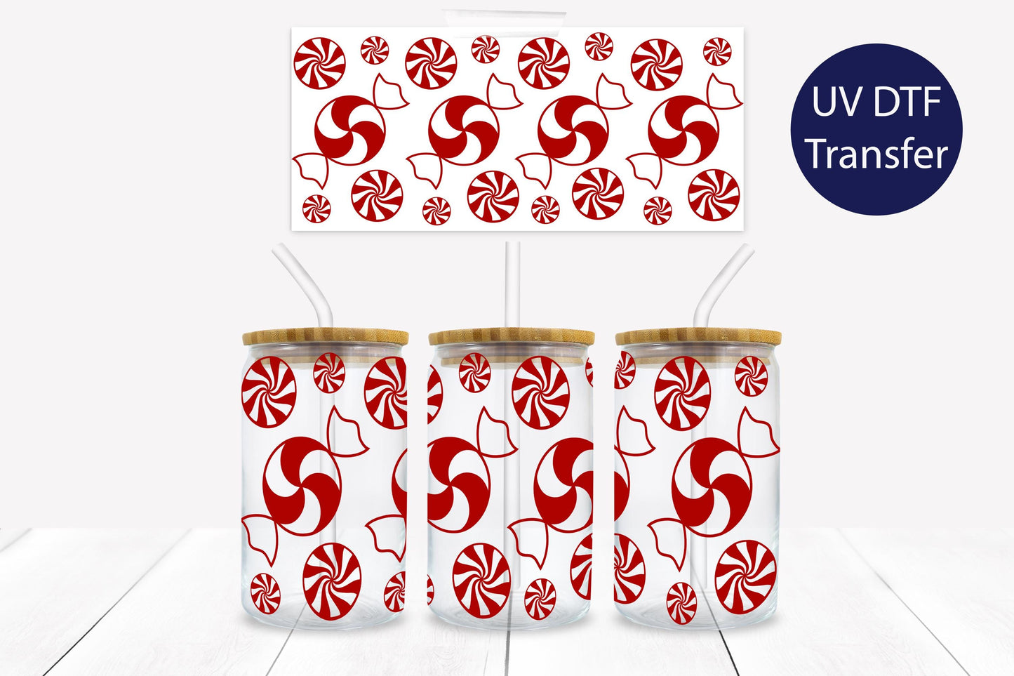 Peppermint Candy Cane Christmas 16 oz. Libbey Tumbler Wrap – UV DTF transfer