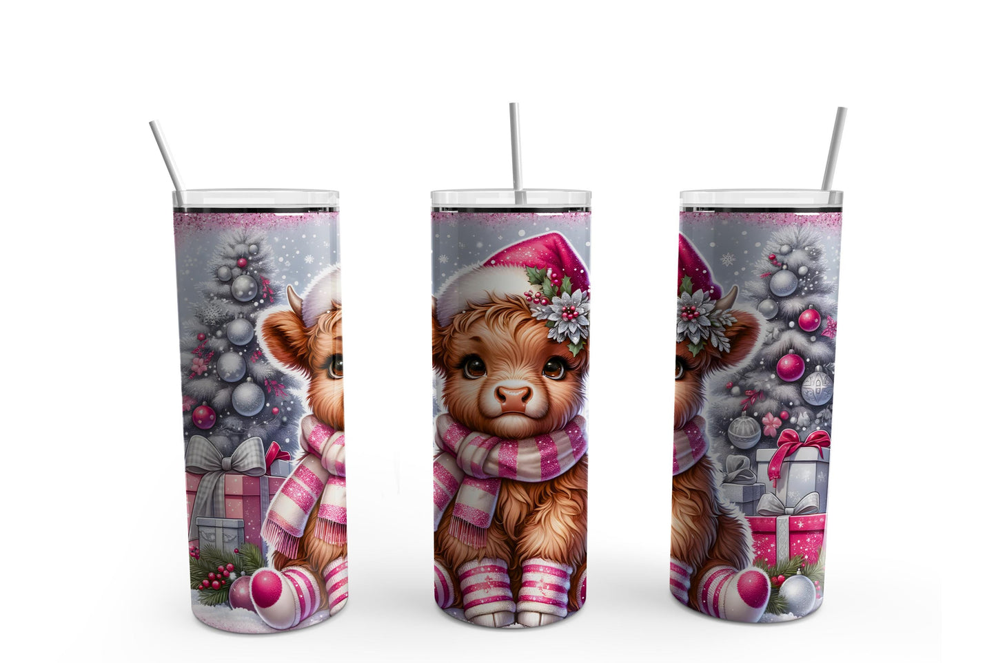 Pink Highland Cow Christmas Sublimation Tumbler, Ready to Press Sublimation Transfer, 20 oz. Skinny Tumbler