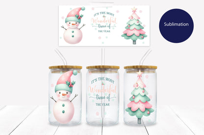 It's The Most Wonderful Time of the Year Pink and Mint Snowman and Christmas Tree 16 oz. Libbey Tumbler Sublimation Wrap