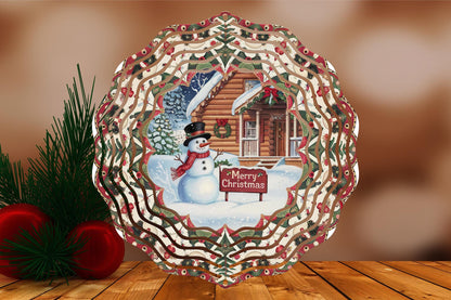 Merry Christmas Snowman and Cabin Winter Snow Scene #3  Wind Spinner 8" Sublimation Transfer