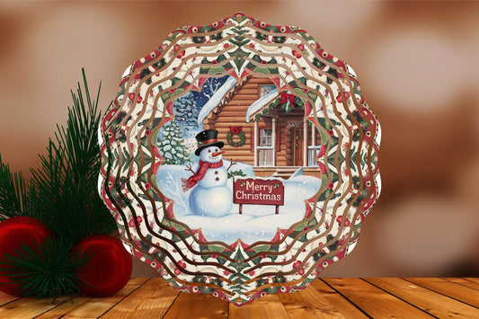 Merry Christmas Snowman and Cabin Winter Snow Scene #3  Wind Spinner 8" Sublimation Transfer