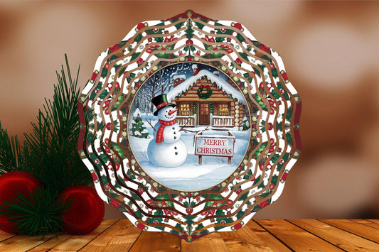 Merry Christmas Snowman and Cabin Winter Snow Scene #2 Wind Spinner 8" Sublimation Transfer