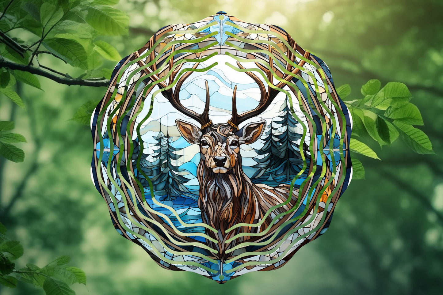 Stained Glass Deer in Snowy Forest Wind Spinner 8" Sublimation Transfer Ready to Press Cabin Winter