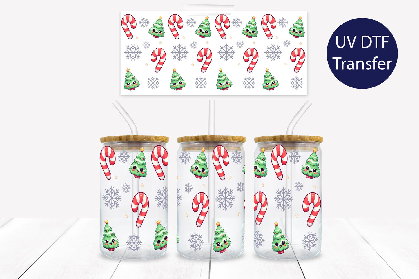 Kawaii Christmas Trees Snowflakes and Candy Cane 16 oz. Libbey Tumbler Wrap – UV DTF transfer