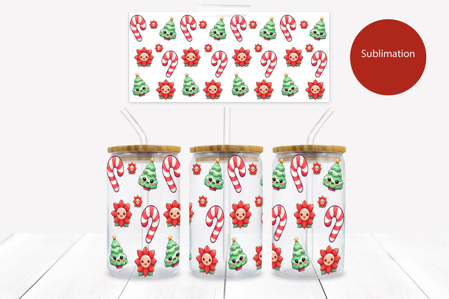 Kawaii Christmas Trees Poinsettias and Candy Cane 16 oz. Libbey Tumbler Wrap – UV DTF transfer