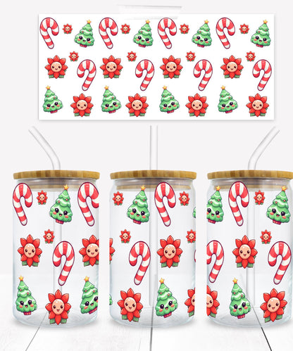 Kawaii Christmas Trees Poinsettias and Candy Cane 16 oz. Libbey Tumbler Wrap – UV DTF transfer